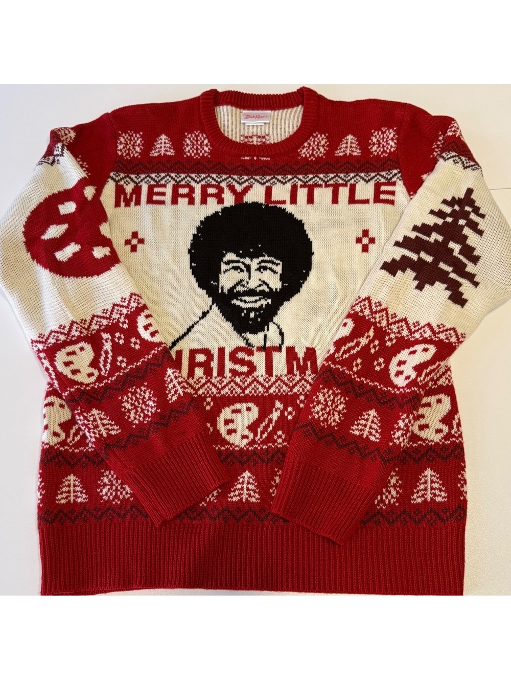 Bob Ross “Merry Little Christmas” Ugly Christmas Sweater | Pink Rose